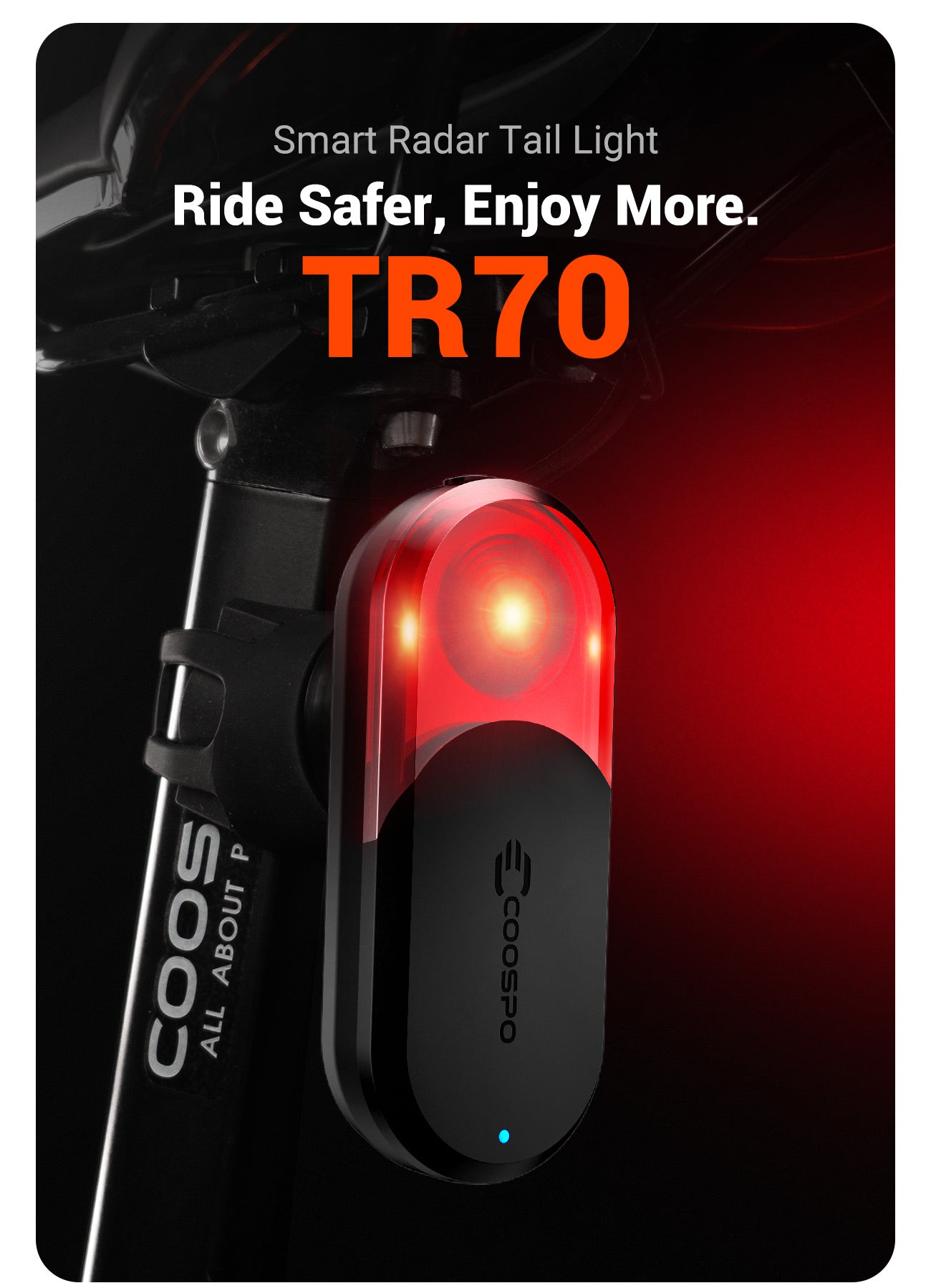 Coospo TR70 luz trasera radar modo flash ciclismo nocturno
